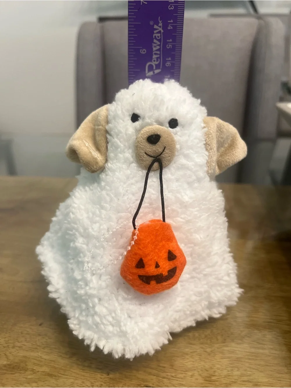 Plush White Ghost Dog with Orange Pumpkin Treat Bag